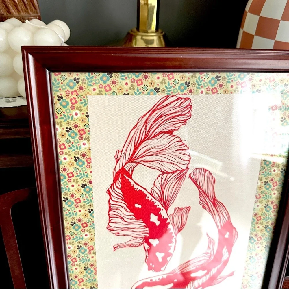 Red Koi Fish Canvas Art Print Floral Border Cherry Wood Framed Asian Wall Art